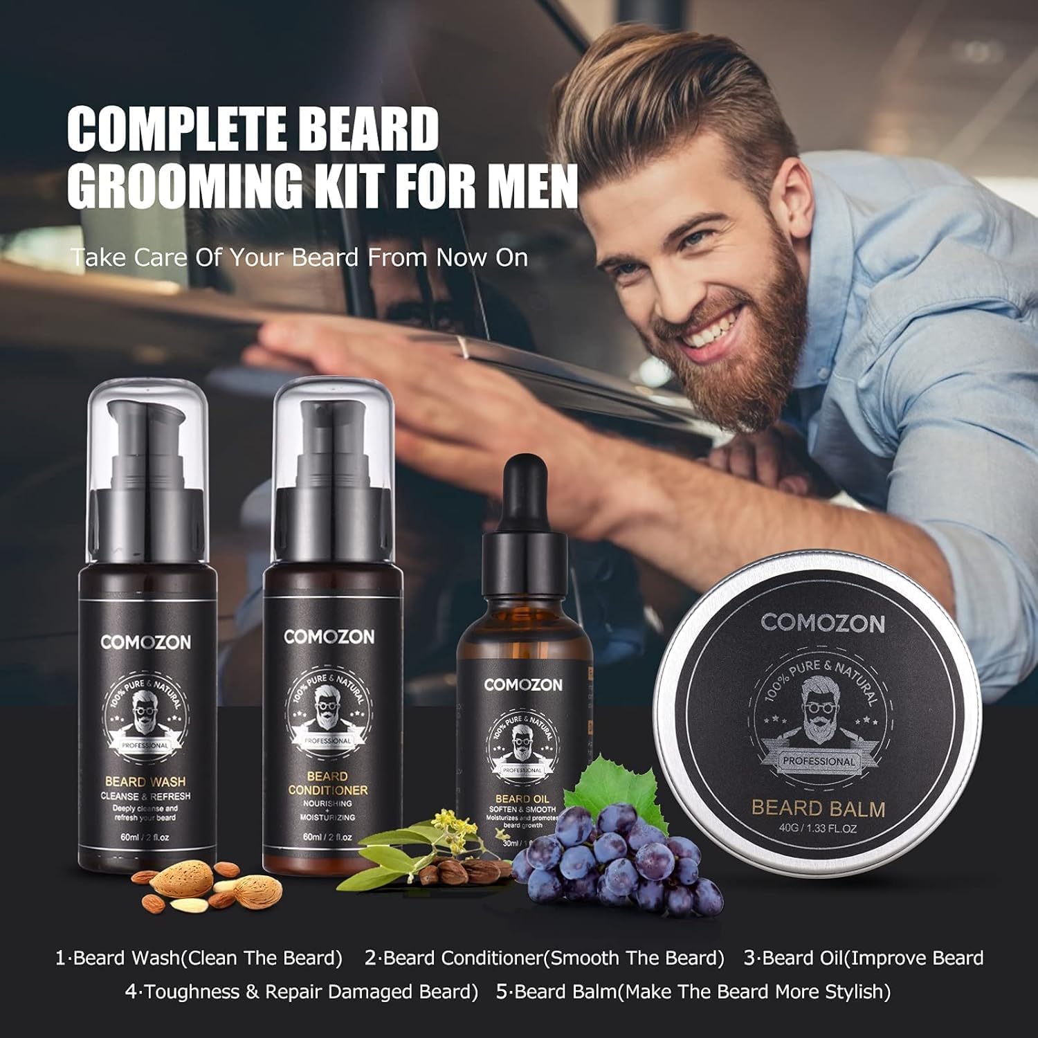 Kit Barbe Homme Complet 12 En 1, Rasoir, Rouleau Barbe, Lames Barbe